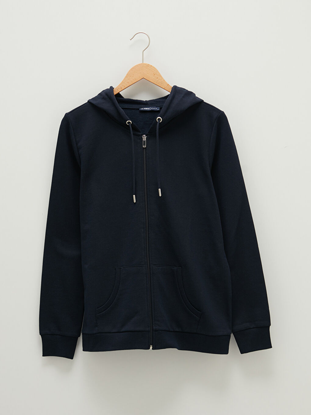 Lacivert Kapüşon Yaka Düz Uzun Kollu Fermuar Kapamalı Kadın Spor Hırka-5