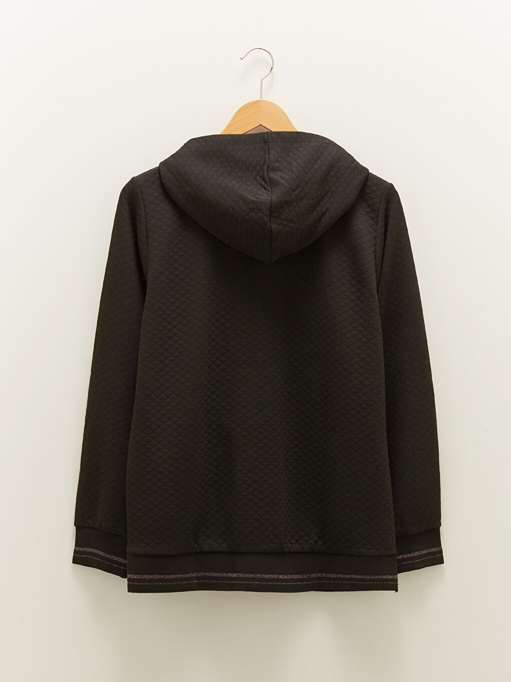 Siyah Kapüşonlu Kendinden Desenli Uzun Kollu Kadın Spor Hırka-6