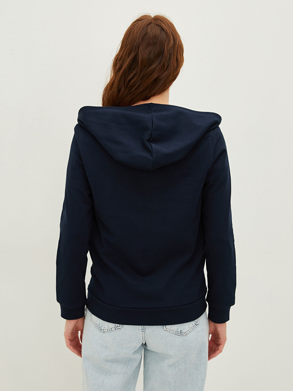 Lacivert Kapüşon Yaka Düz Önden Fermuarlı Uzun Kollu Kadın Hırka-4