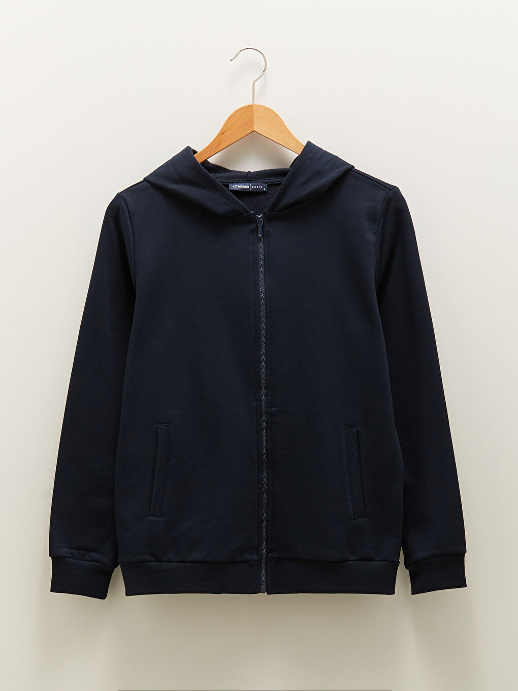 Lacivert Kapüşon Yaka Düz Önden Fermuarlı Uzun Kollu Kadın Hırka-5