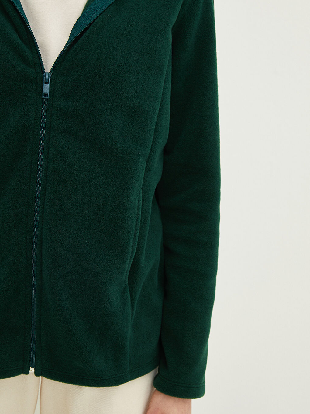 Yeşil Kapüşonlu Düz Cep Detaylı Uzun Kollu Polar Kadın Spor Hırka-3