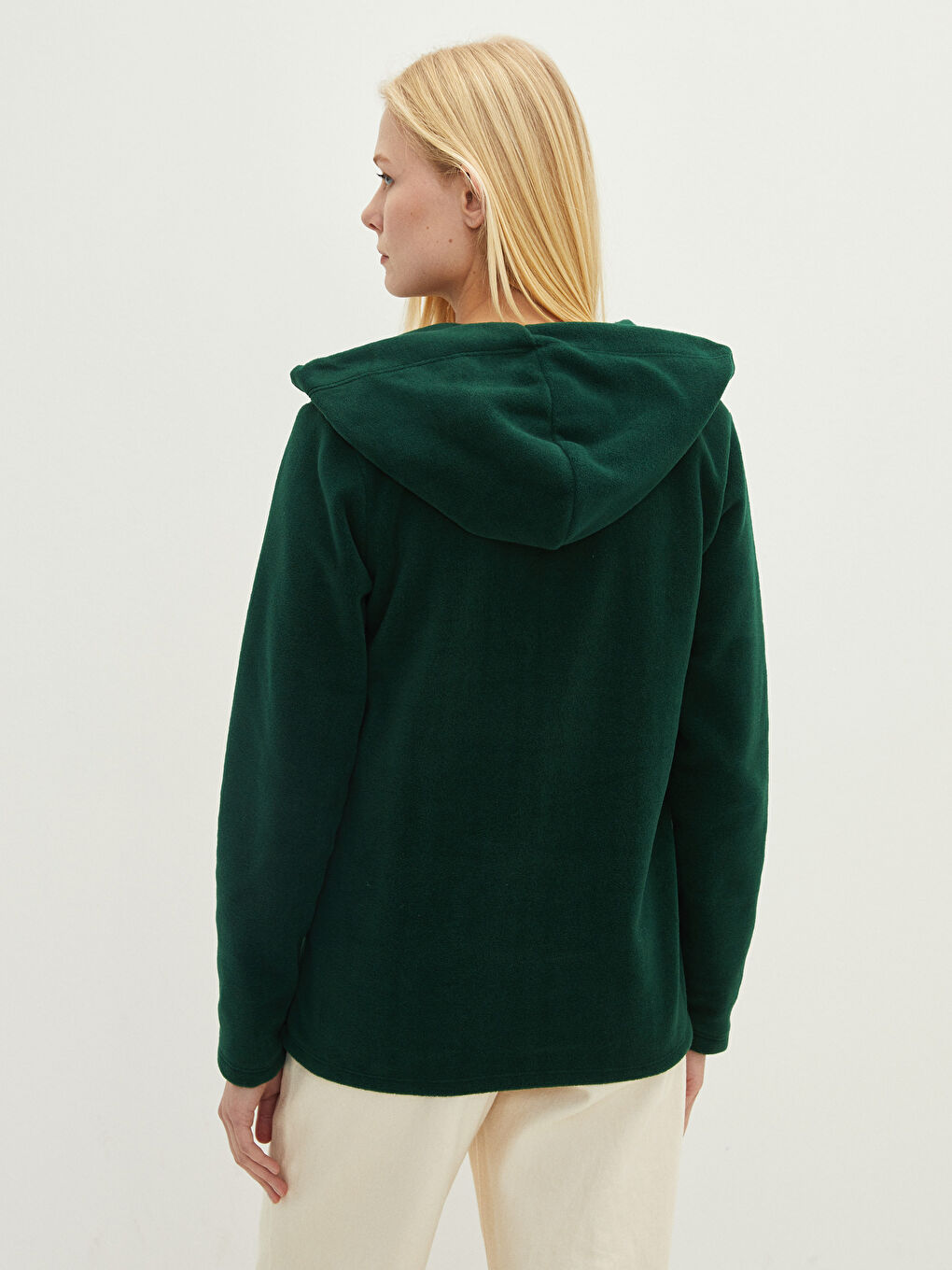 Yeşil Kapüşonlu Düz Cep Detaylı Uzun Kollu Polar Kadın Spor Hırka-4