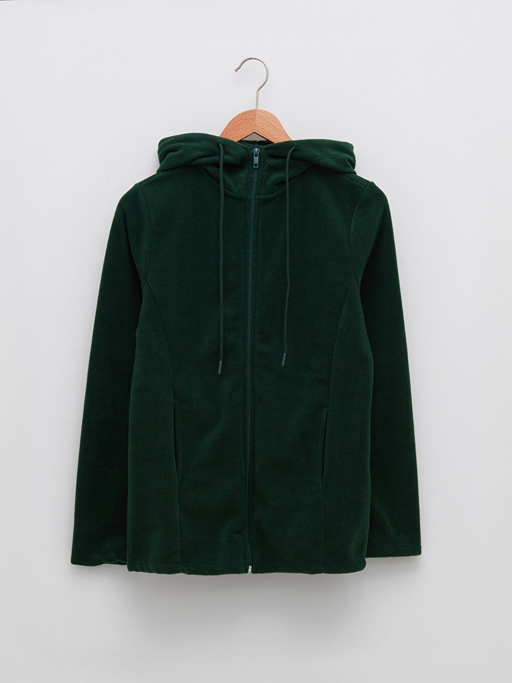 Yeşil Kapüşonlu Düz Cep Detaylı Uzun Kollu Polar Kadın Spor Hırka-5