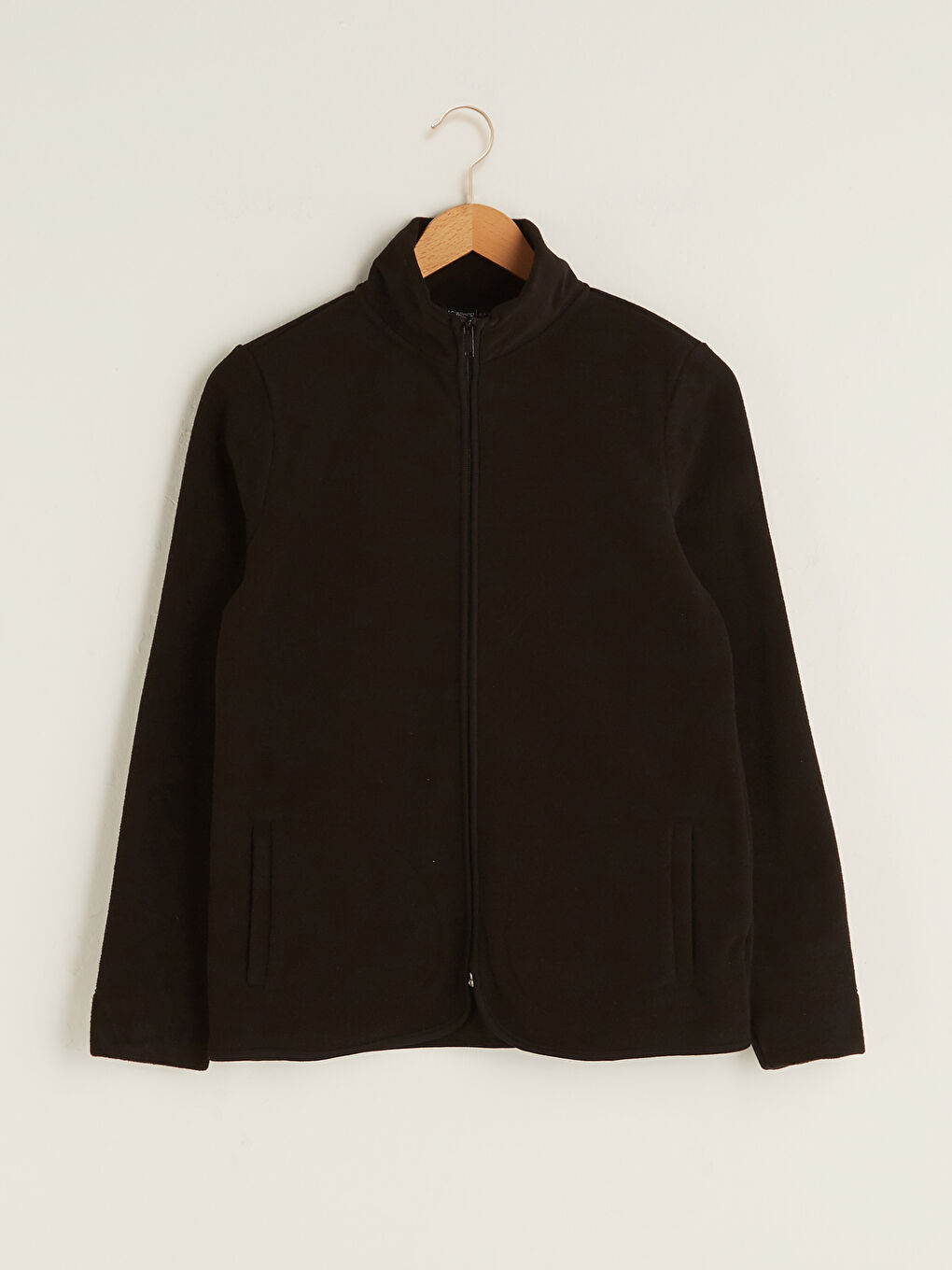 Siyah Dik Yaka Düz Cep Detaylı Uzun Kollu Polar Kumaş Kadın Hırka-5