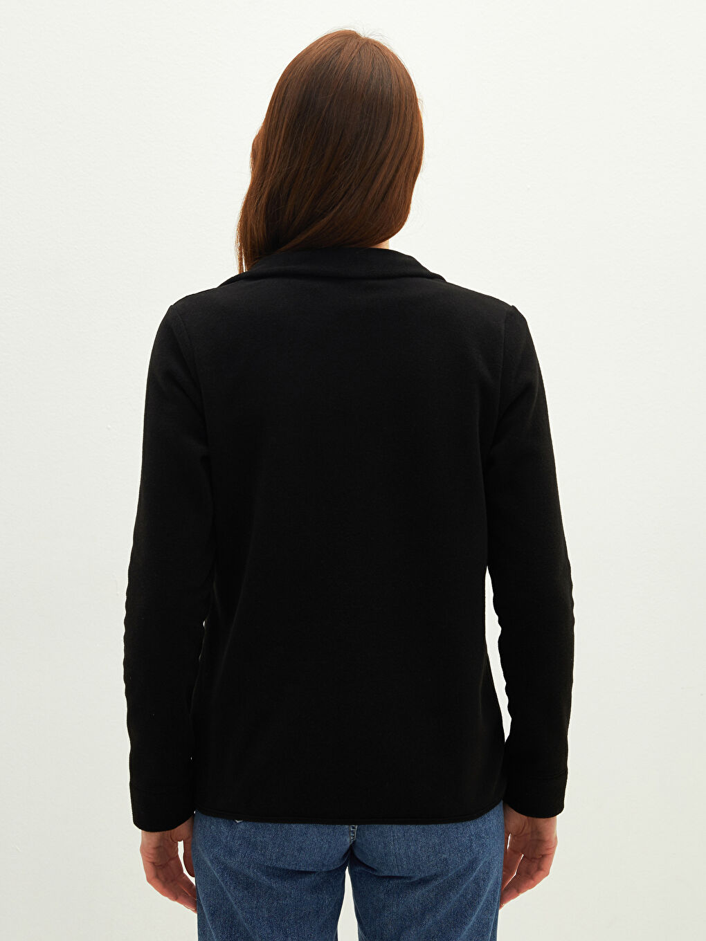 Siyah Dik Yaka Düz Cep Detaylı Uzun Kollu Polar Kumaş Kadın Hırka-4