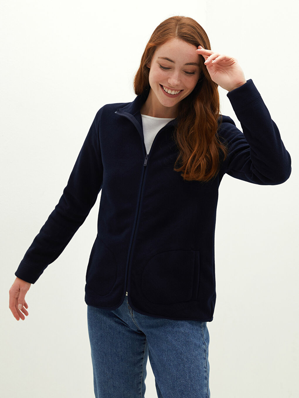 Lacivert Dik Yaka Düz Cep Detaylı Uzun Kollu Polar Kumaş Kadın Hırka