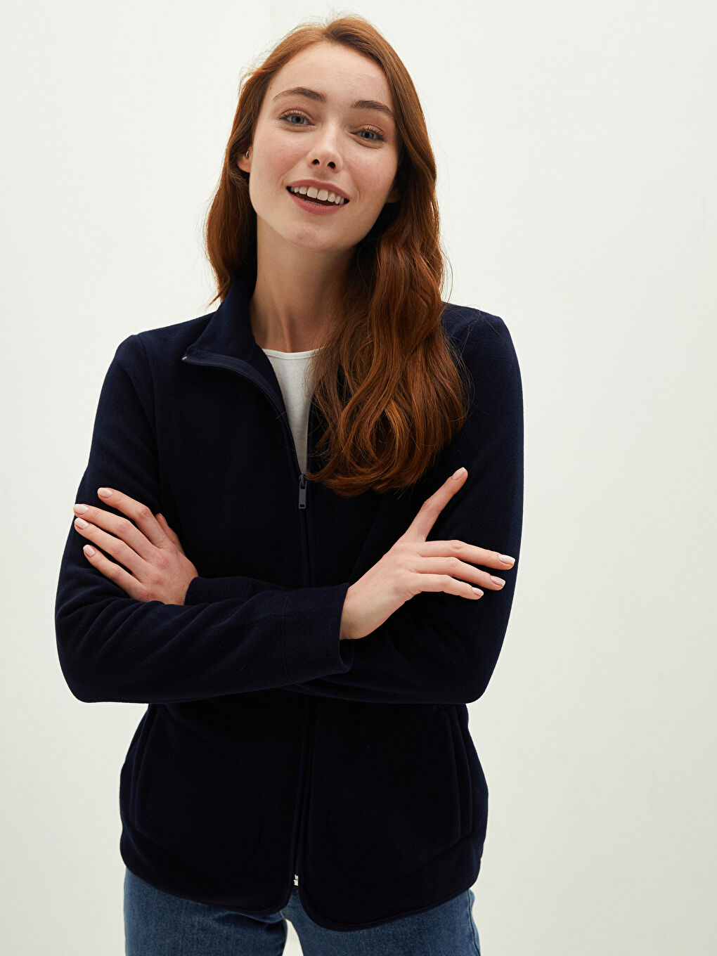 Lacivert Dik Yaka Düz Cep Detaylı Uzun Kollu Polar Kumaş Kadın Hırka-1