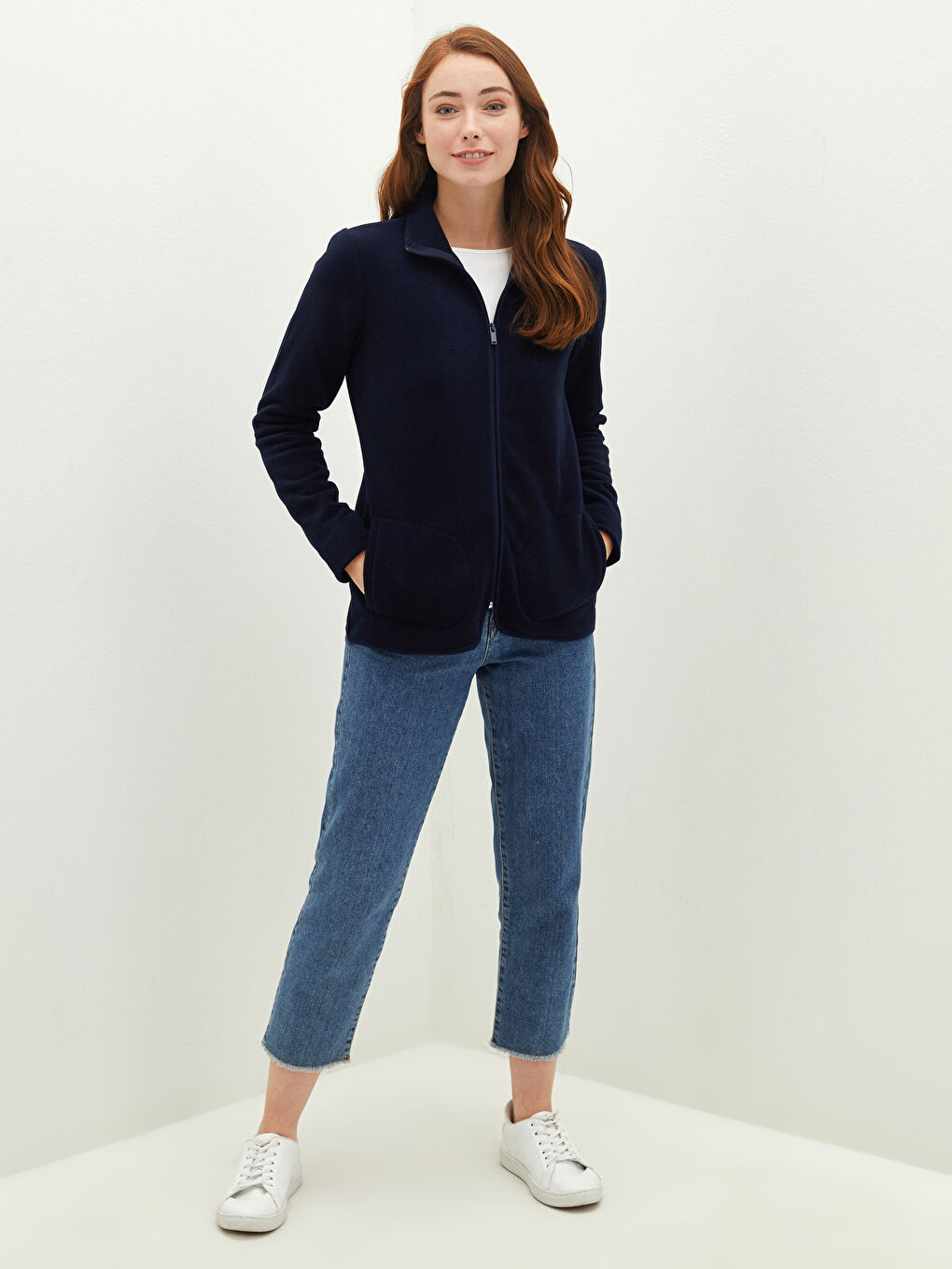 Lacivert Dik Yaka Düz Cep Detaylı Uzun Kollu Polar Kumaş Kadın Hırka-2