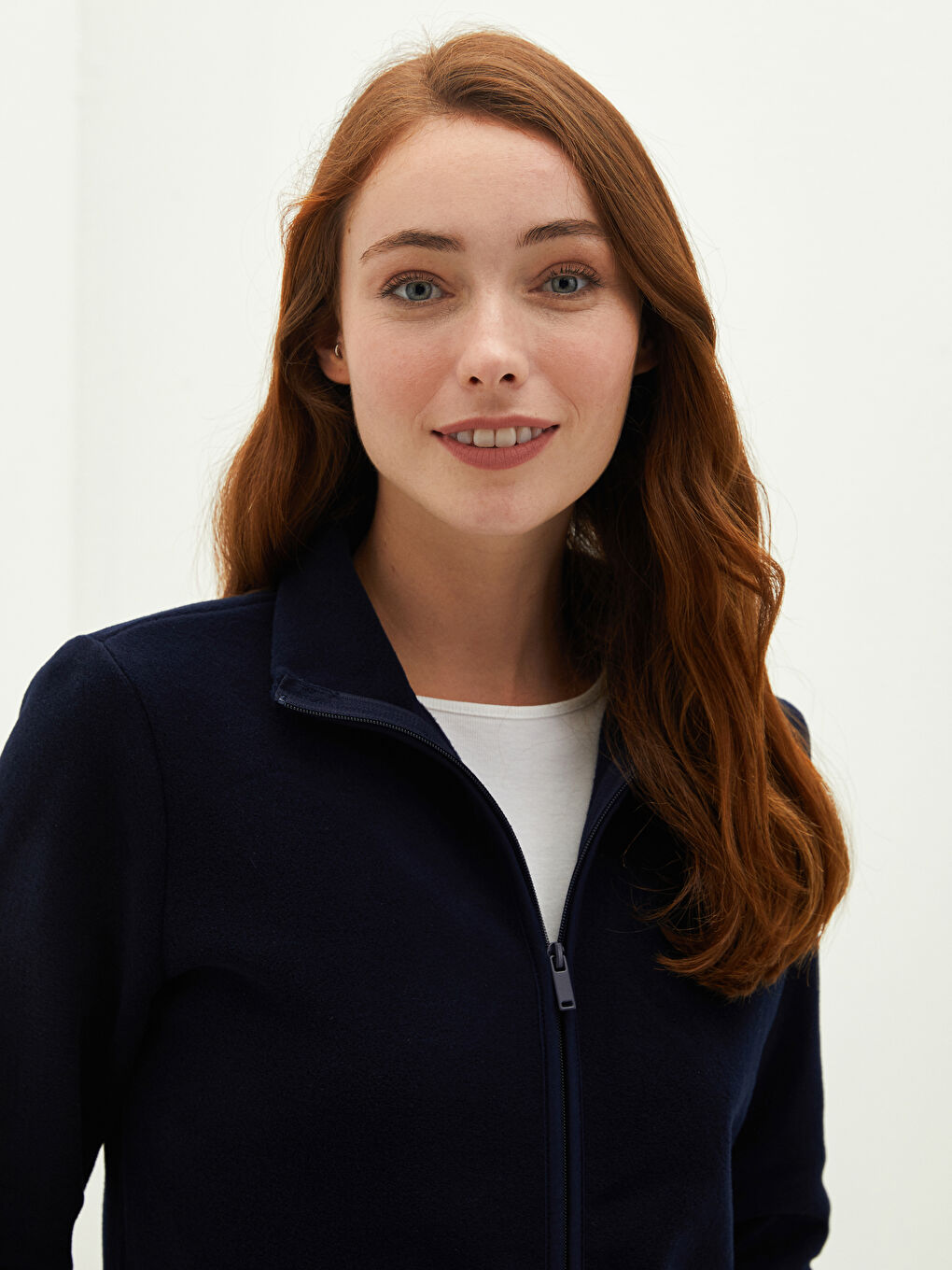 Lacivert Dik Yaka Düz Cep Detaylı Uzun Kollu Polar Kumaş Kadın Hırka-3