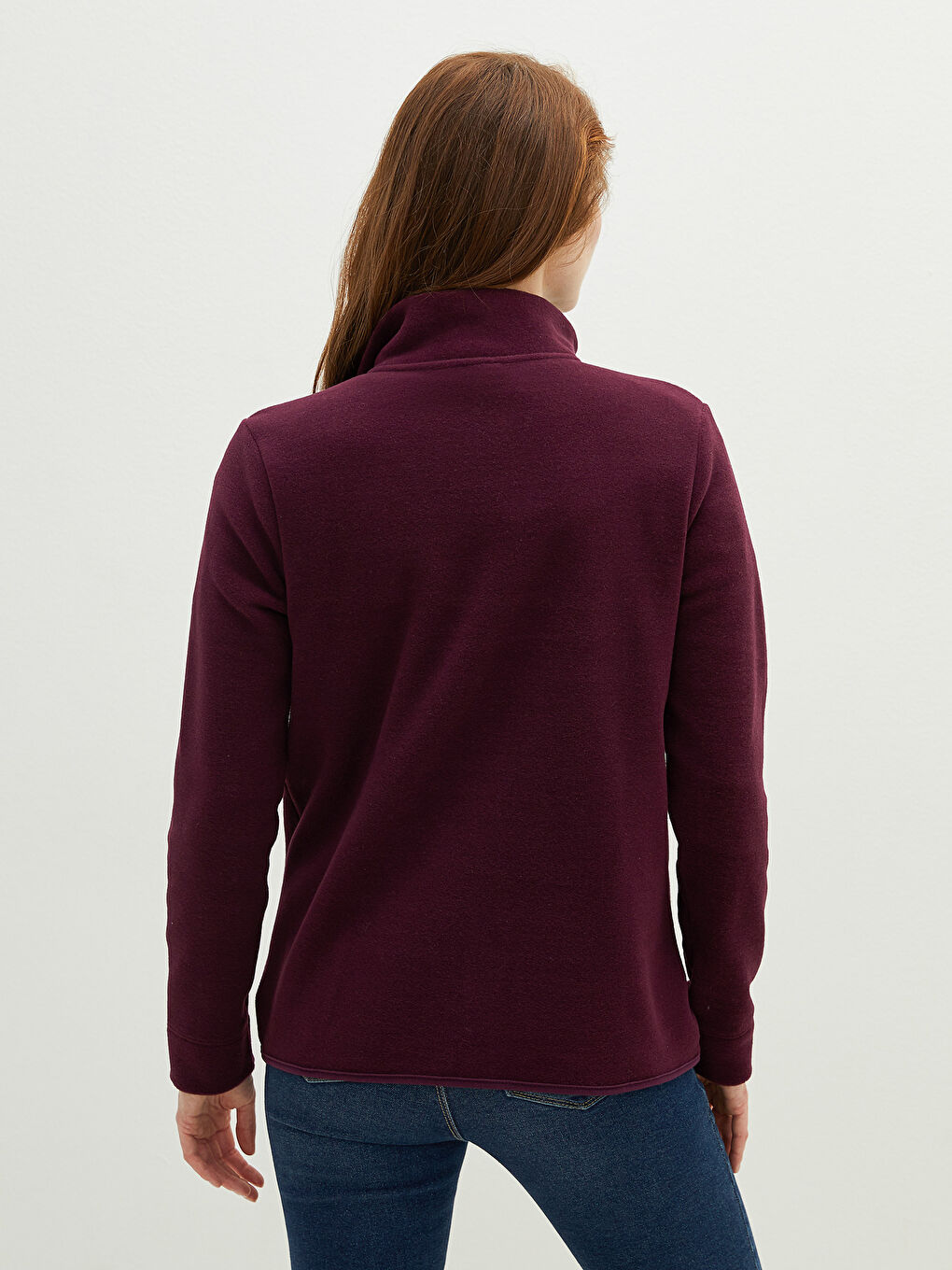 Mürdüm Dik Yaka Düz Cep Detaylı Uzun Kollu Polar Kumaş Kadın Hırka-4