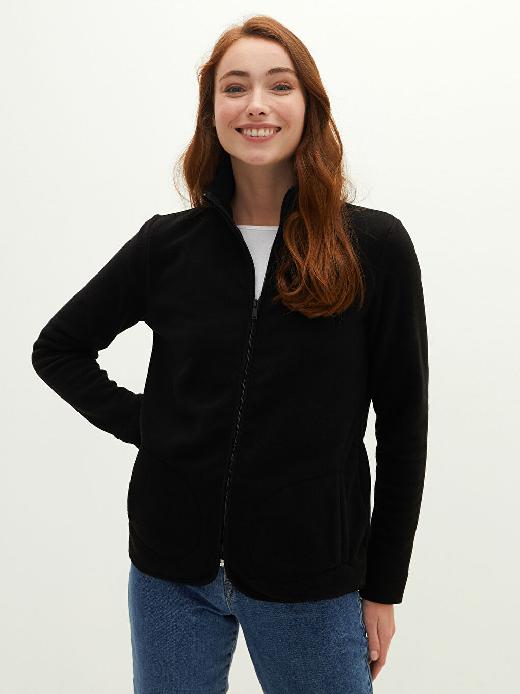 Siyah Dik Yaka Düz Cep Detaylı Uzun Kollu Polar Kumaş Kadın Hırka