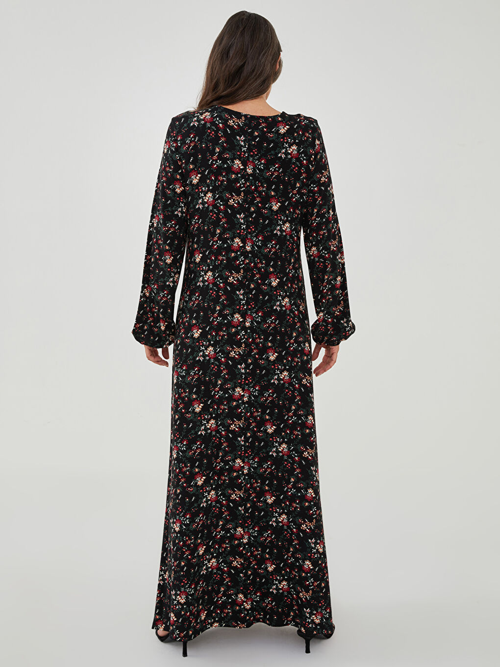 Siyah Bisiklet Yaka Desenli Uzun Kollu A Kesim Kadın Elbise-3