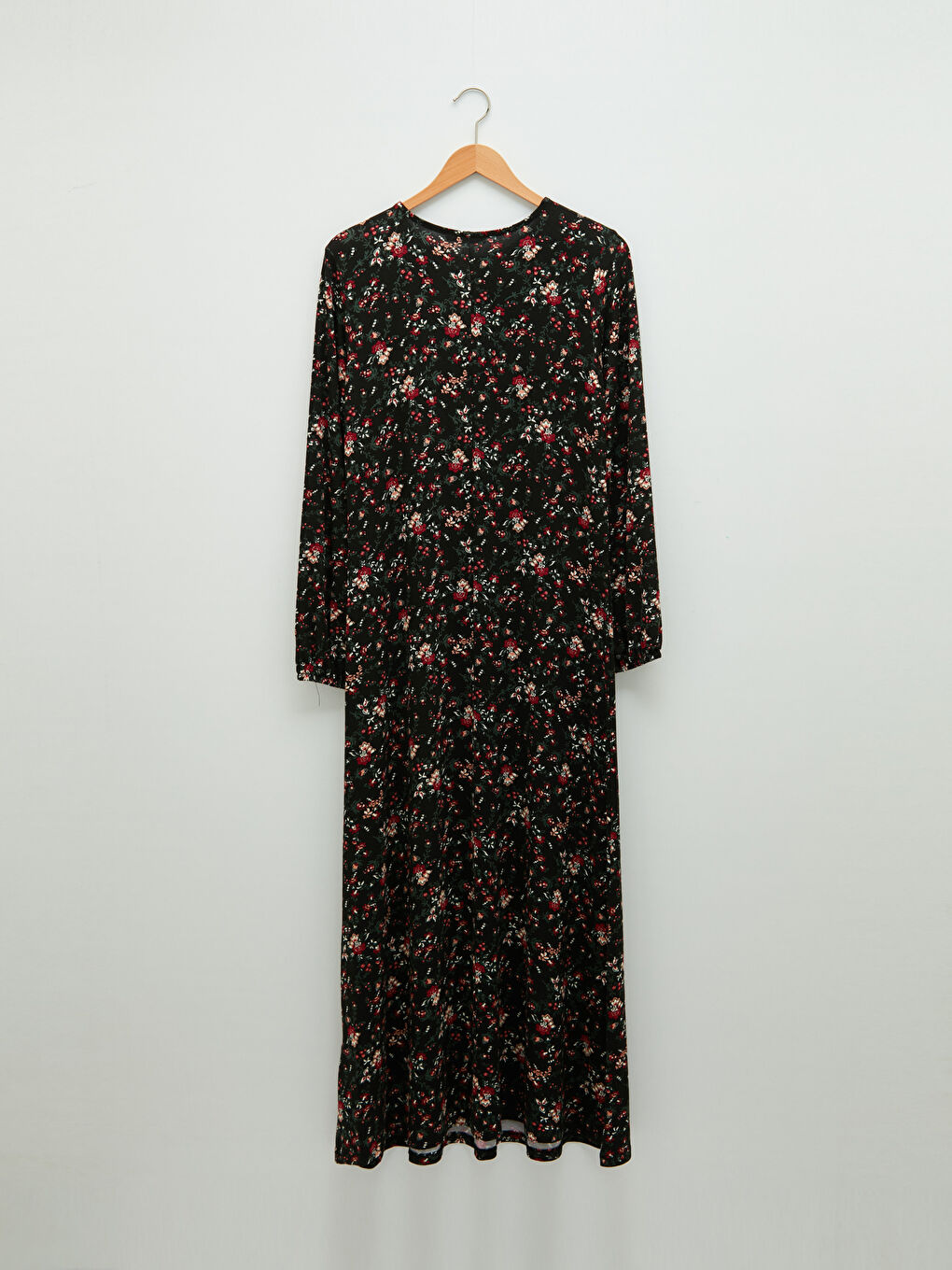 Siyah Bisiklet Yaka Desenli Uzun Kollu A Kesim Kadın Elbise-5