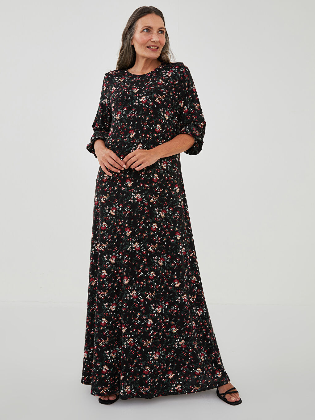 Siyah Bisiklet Yaka Desenli Uzun Kollu A Kesim Kadın Elbise