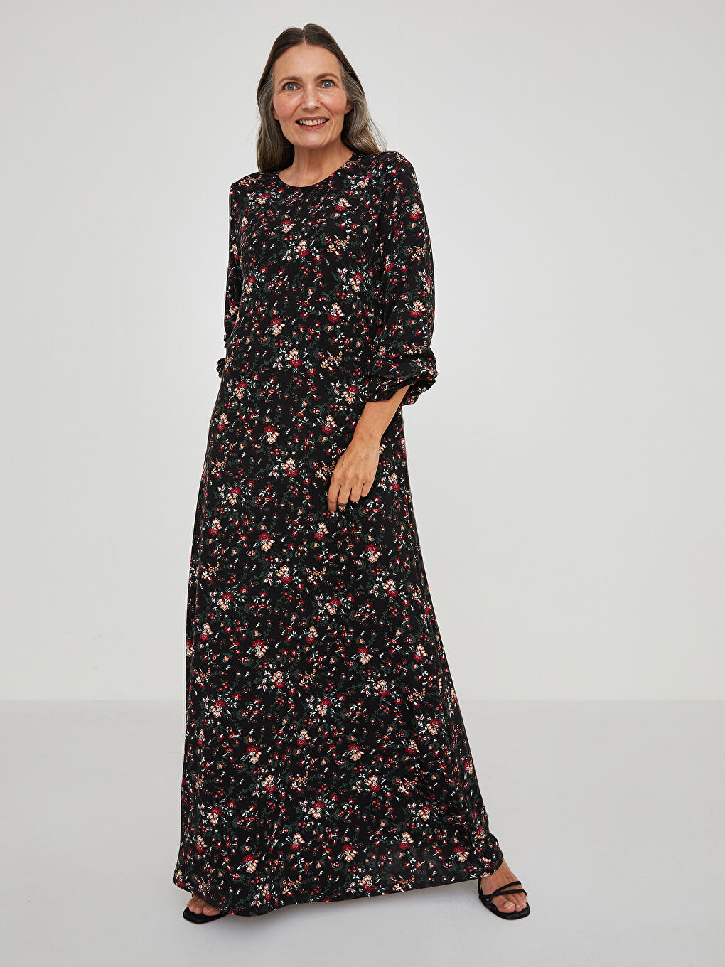 Siyah Bisiklet Yaka Desenli Uzun Kollu A Kesim Kadın Elbise-1