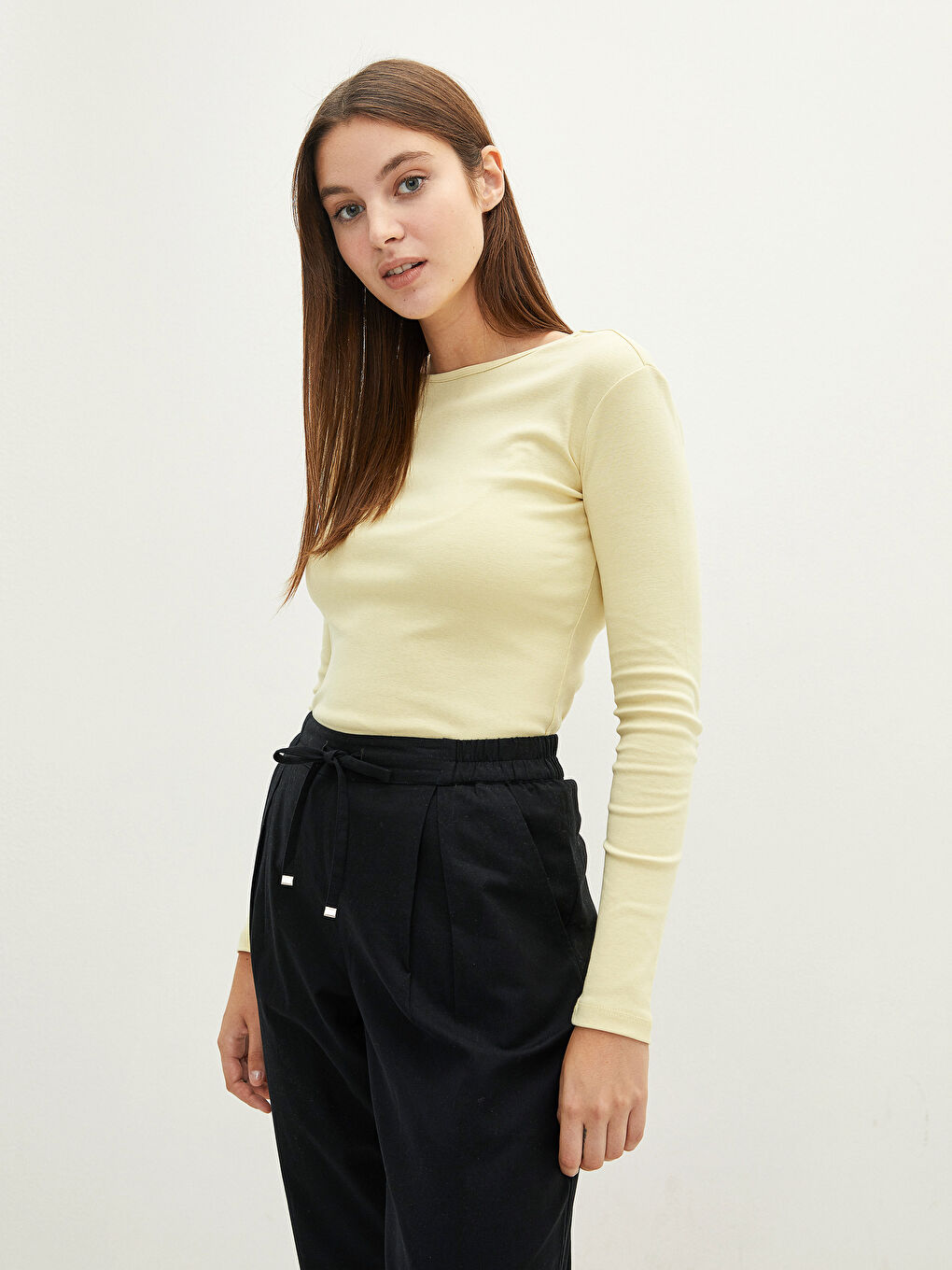 Sarı Bisiklet Yaka Düz Uzun Kollu Pamuklu Kadın Tişört