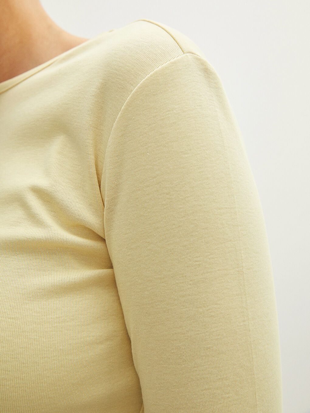 Sarı Bisiklet Yaka Düz Uzun Kollu Pamuklu Kadın Tişört-2