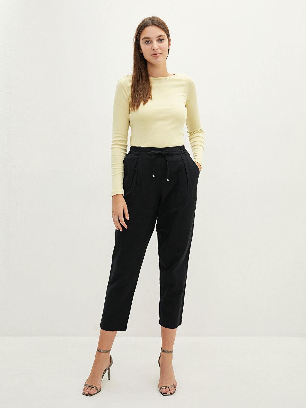 Sarı Bisiklet Yaka Düz Uzun Kollu Pamuklu Kadın Tişört-3