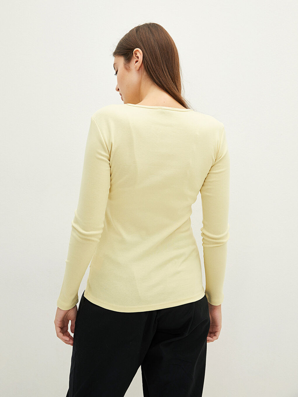 Sarı Bisiklet Yaka Düz Uzun Kollu Pamuklu Kadın Tişört-4