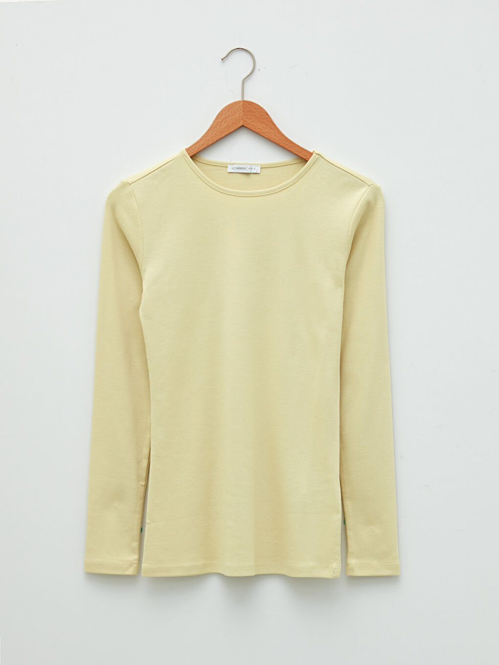 Sarı Bisiklet Yaka Düz Uzun Kollu Pamuklu Kadın Tişört-5