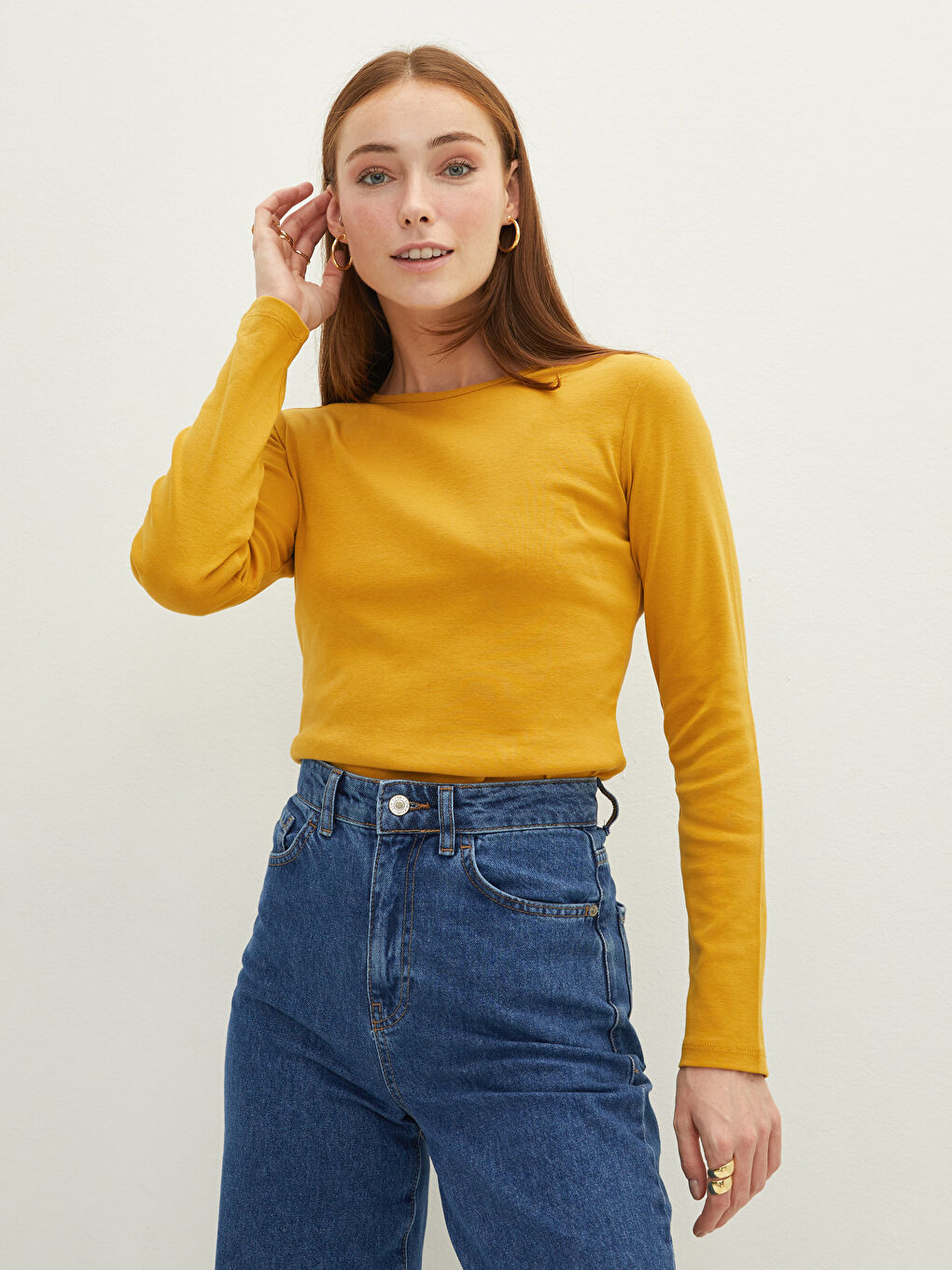 Sarı Bisiklet Yaka Düz Uzun Kollu Pamuklu Kadın Tişört