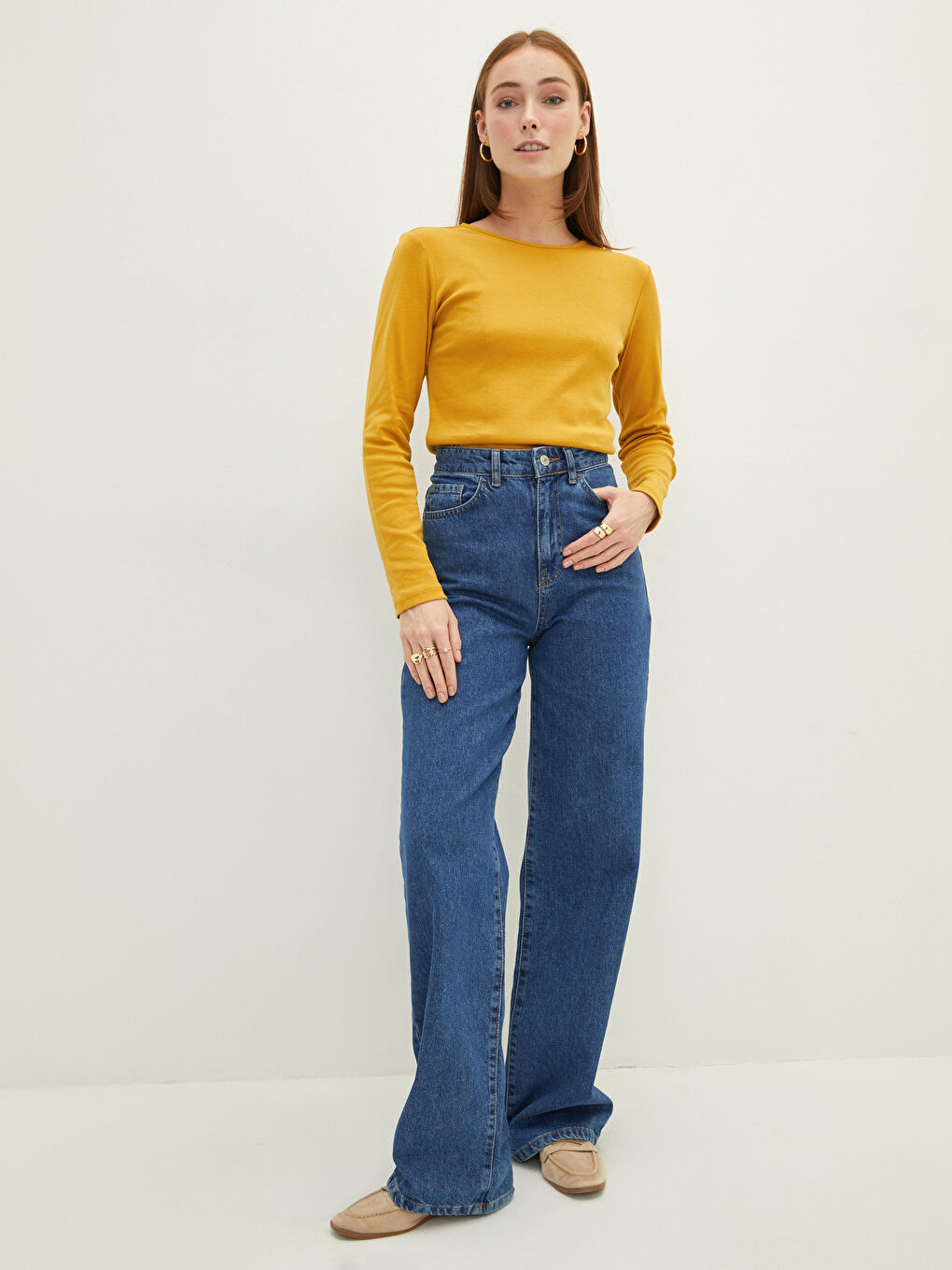 Sarı Bisiklet Yaka Düz Uzun Kollu Pamuklu Kadın Tişört-2