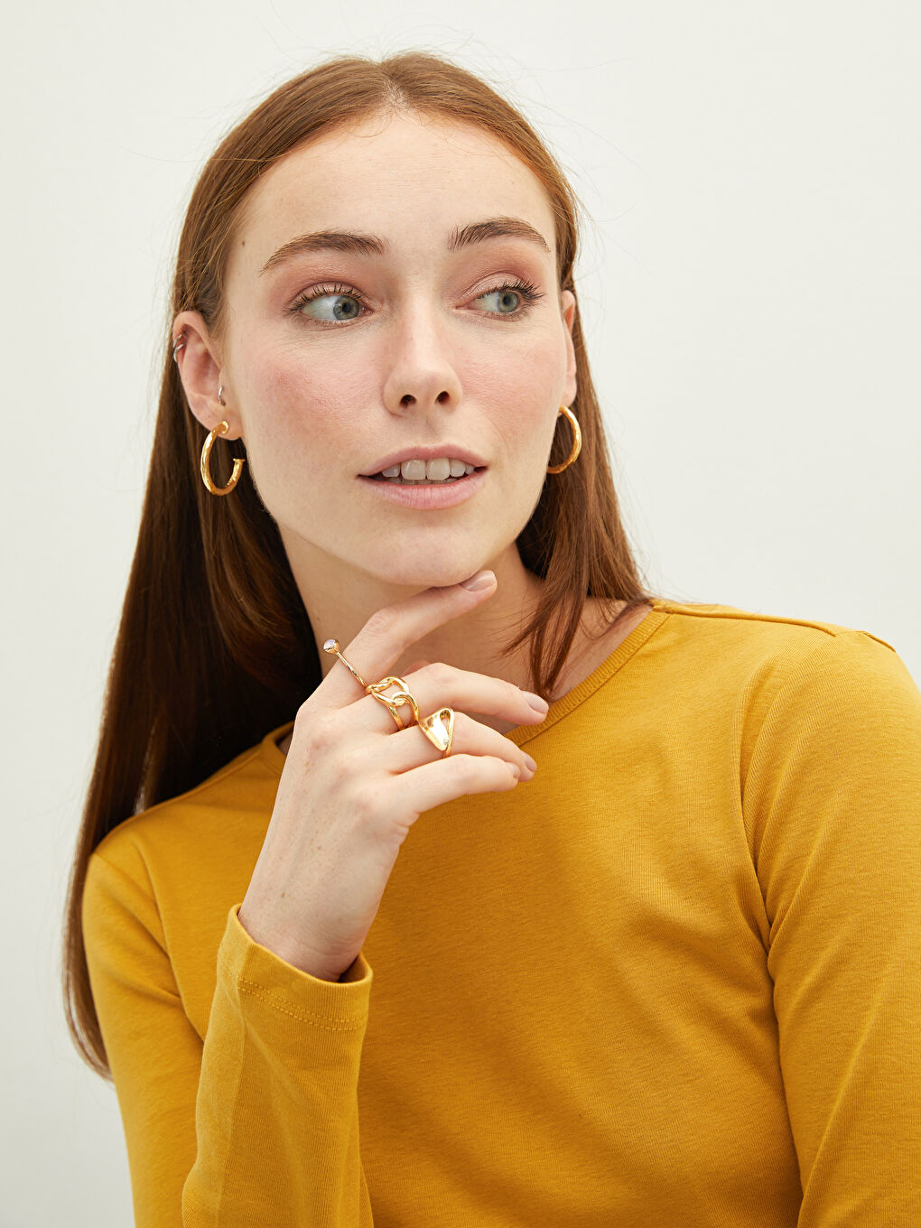 Sarı Bisiklet Yaka Düz Uzun Kollu Pamuklu Kadın Tişört-3