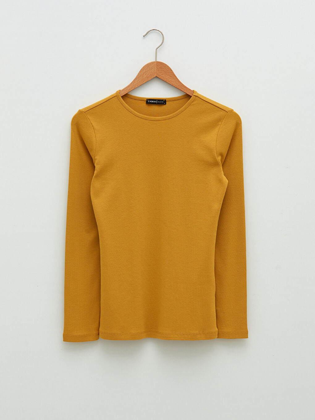 Sarı Bisiklet Yaka Düz Uzun Kollu Pamuklu Kadın Tişört-5