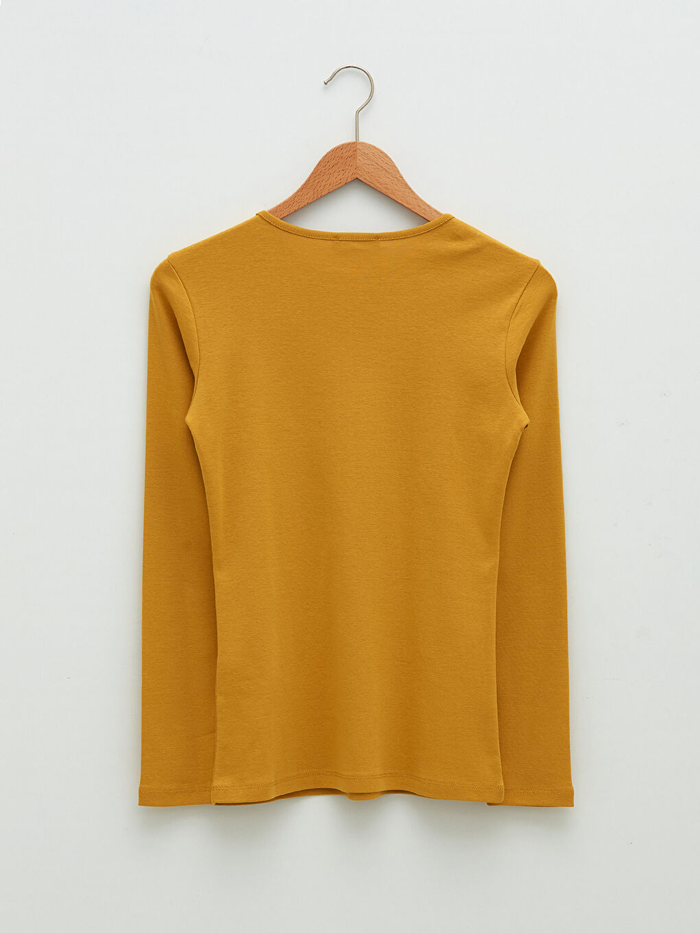 Sarı Bisiklet Yaka Düz Uzun Kollu Pamuklu Kadın Tişört-6