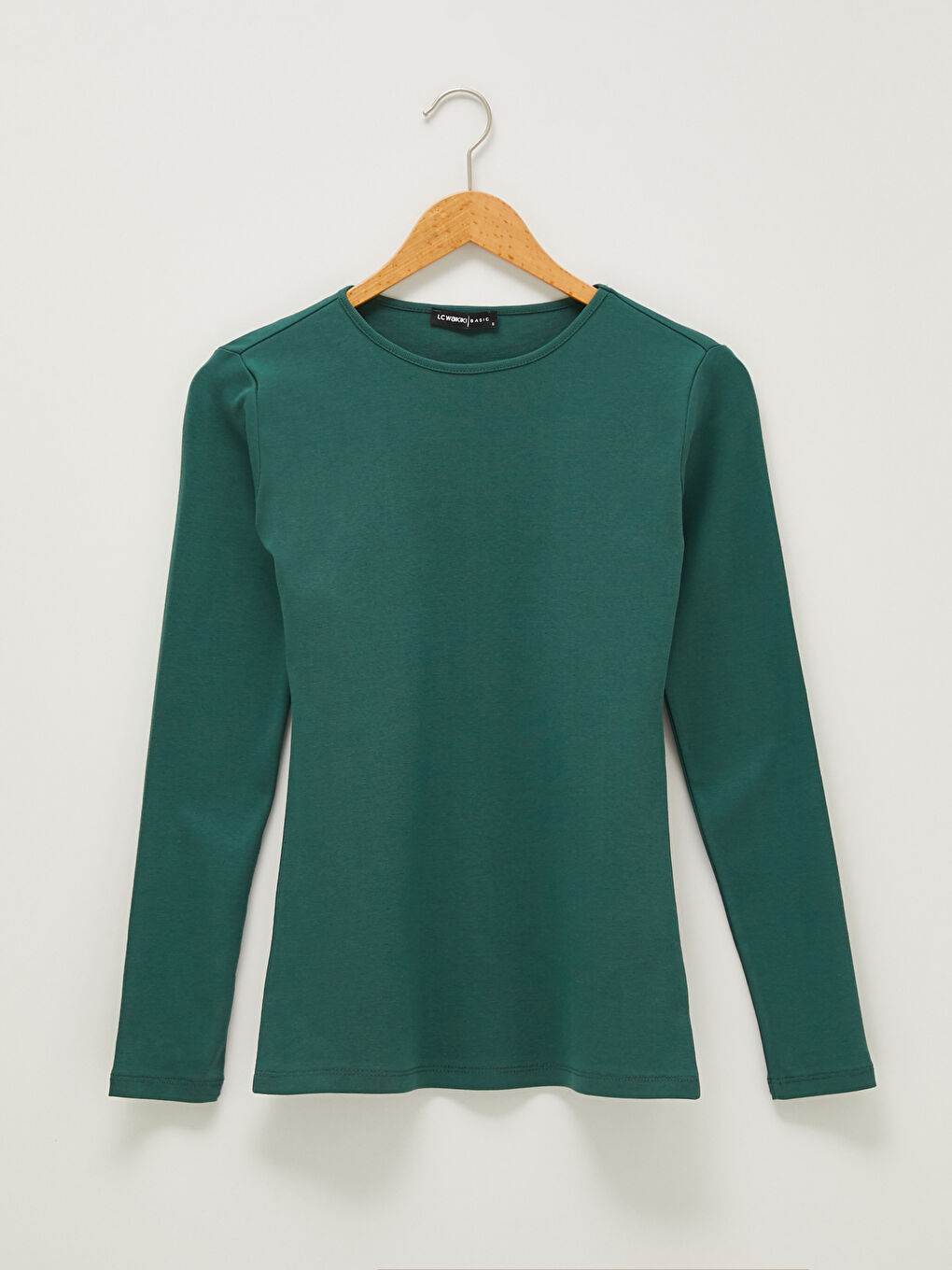 Yeşil Bisiklet Yaka Düz Uzun Kollu Pamuklu Kadın Tişört-5