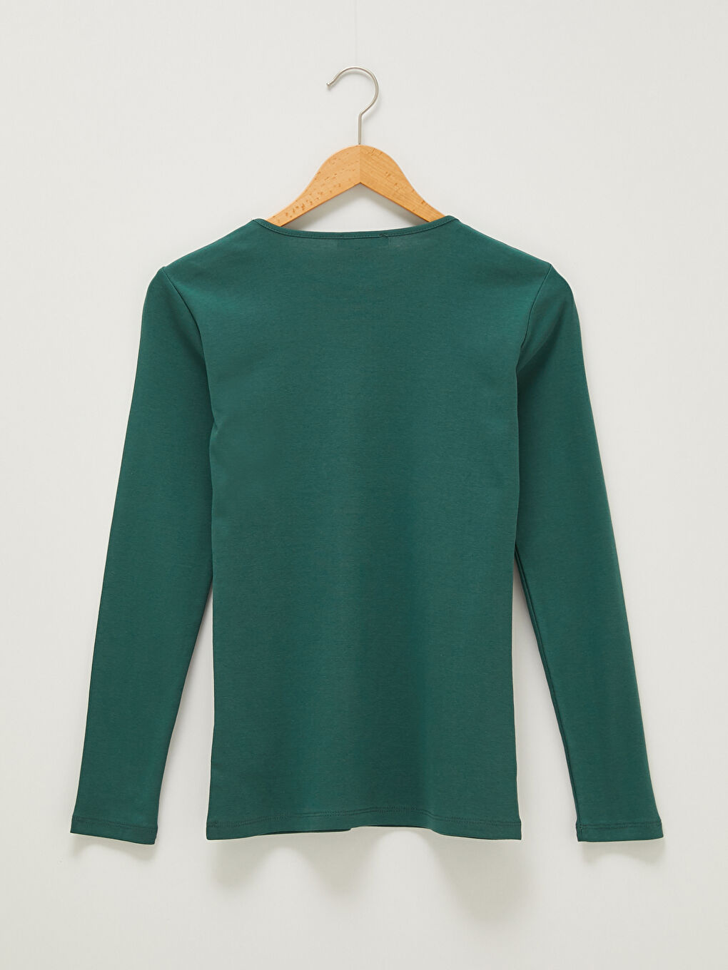 Yeşil Bisiklet Yaka Düz Uzun Kollu Pamuklu Kadın Tişört-6