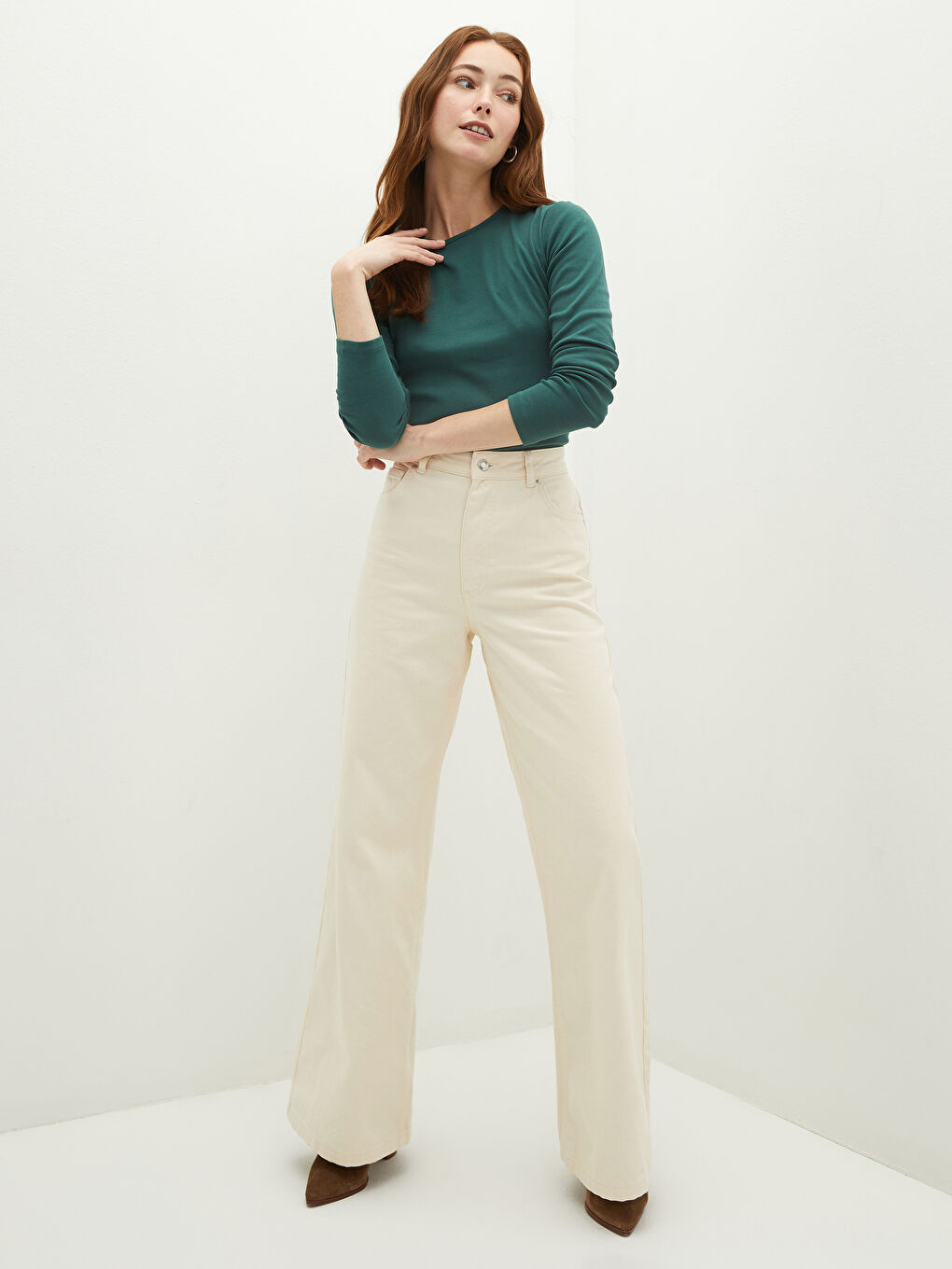 Yeşil Bisiklet Yaka Düz Uzun Kollu Pamuklu Kadın Tişört-2