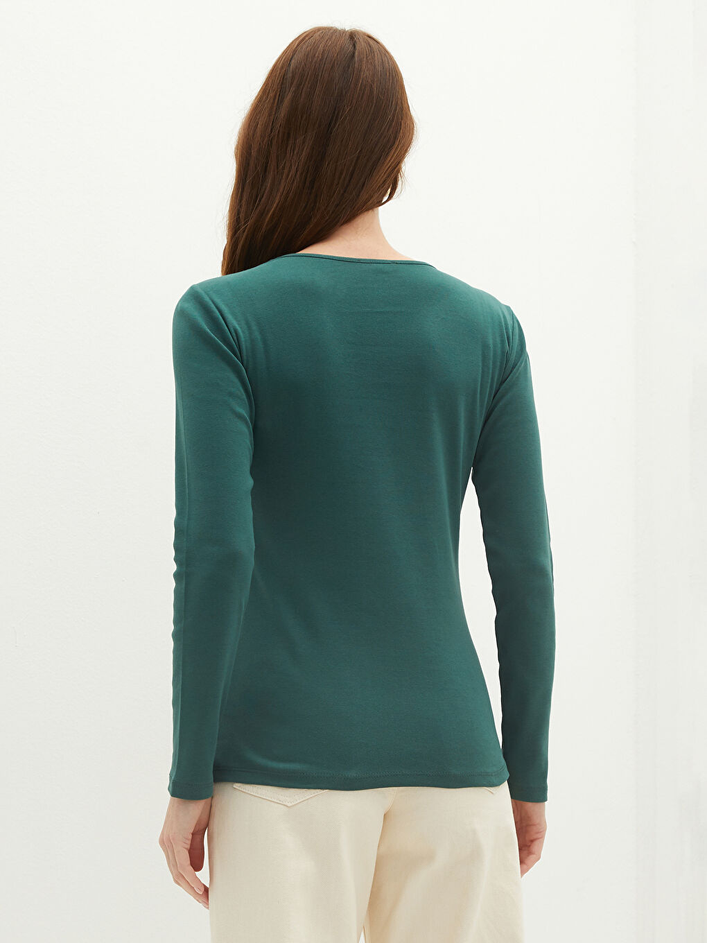 Yeşil Bisiklet Yaka Düz Uzun Kollu Pamuklu Kadın Tişört-3