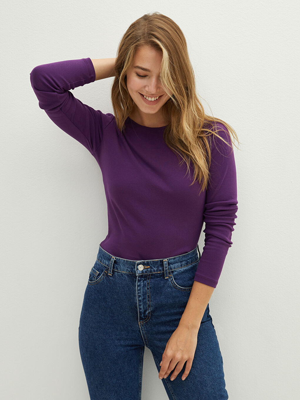 Crew Neck Regular Long Sleeve Cotton Women's T-shirt-1