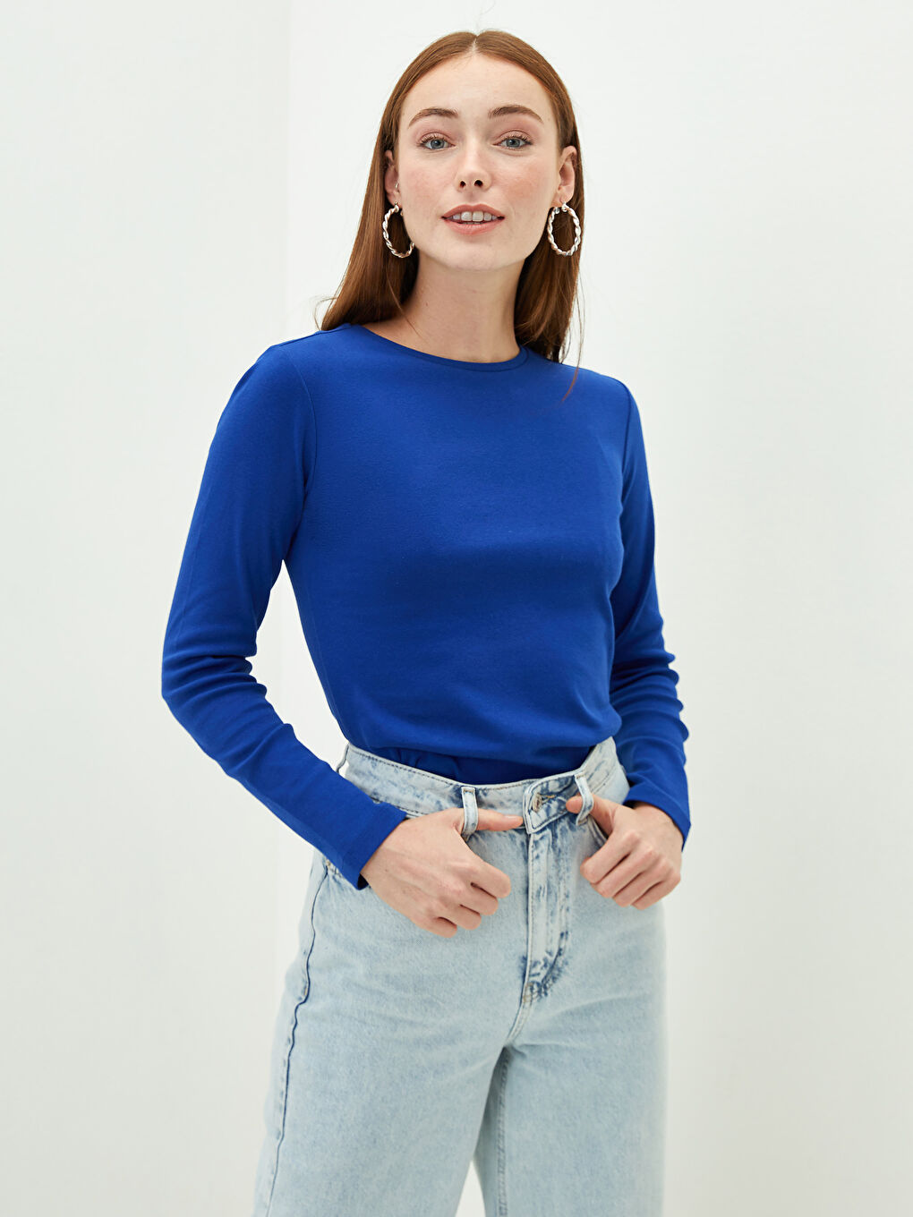 Majica sa okruglim izrezom, standardnog kroja, dugih rukava, pamučna, za žene