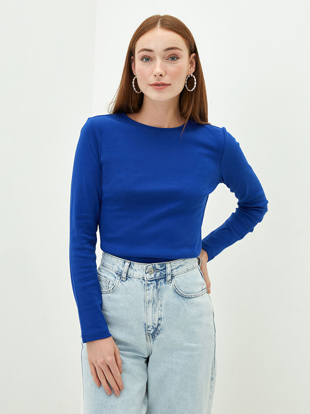 Majica sa okruglim izrezom, standardnog kroja, dugih rukava, pamučna, za žene-1