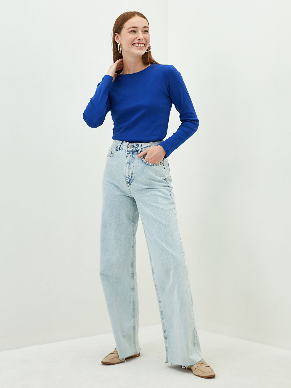 Majica sa okruglim izrezom, standardnog kroja, dugih rukava, pamučna, za žene-3