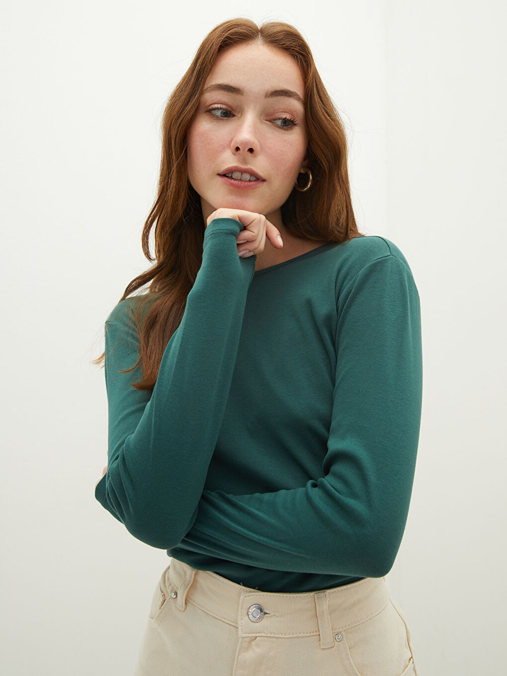 Yeşil Bisiklet Yaka Düz Uzun Kollu Pamuklu Kadın Tişört