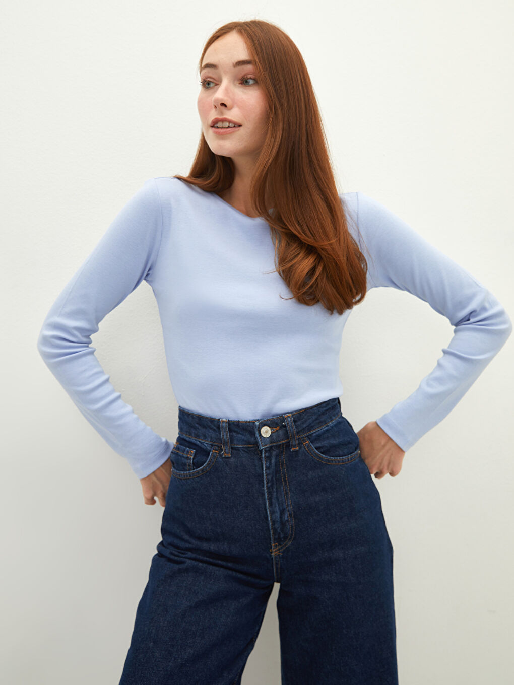 Mavi Bisiklet Yaka Düz Uzun Kollu Pamuklu Kadın Tişört