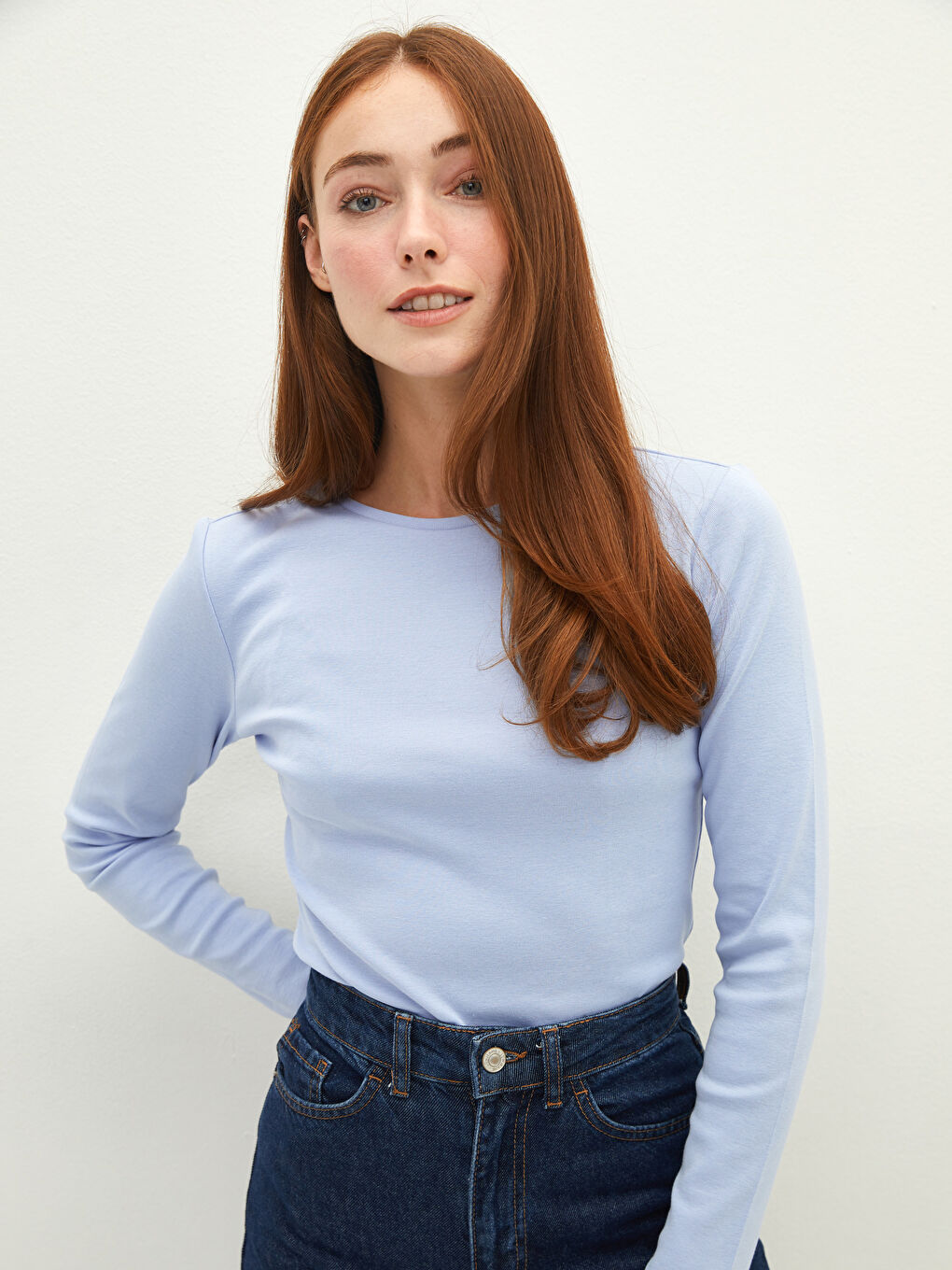 Mavi Bisiklet Yaka Düz Uzun Kollu Pamuklu Kadın Tişört-1