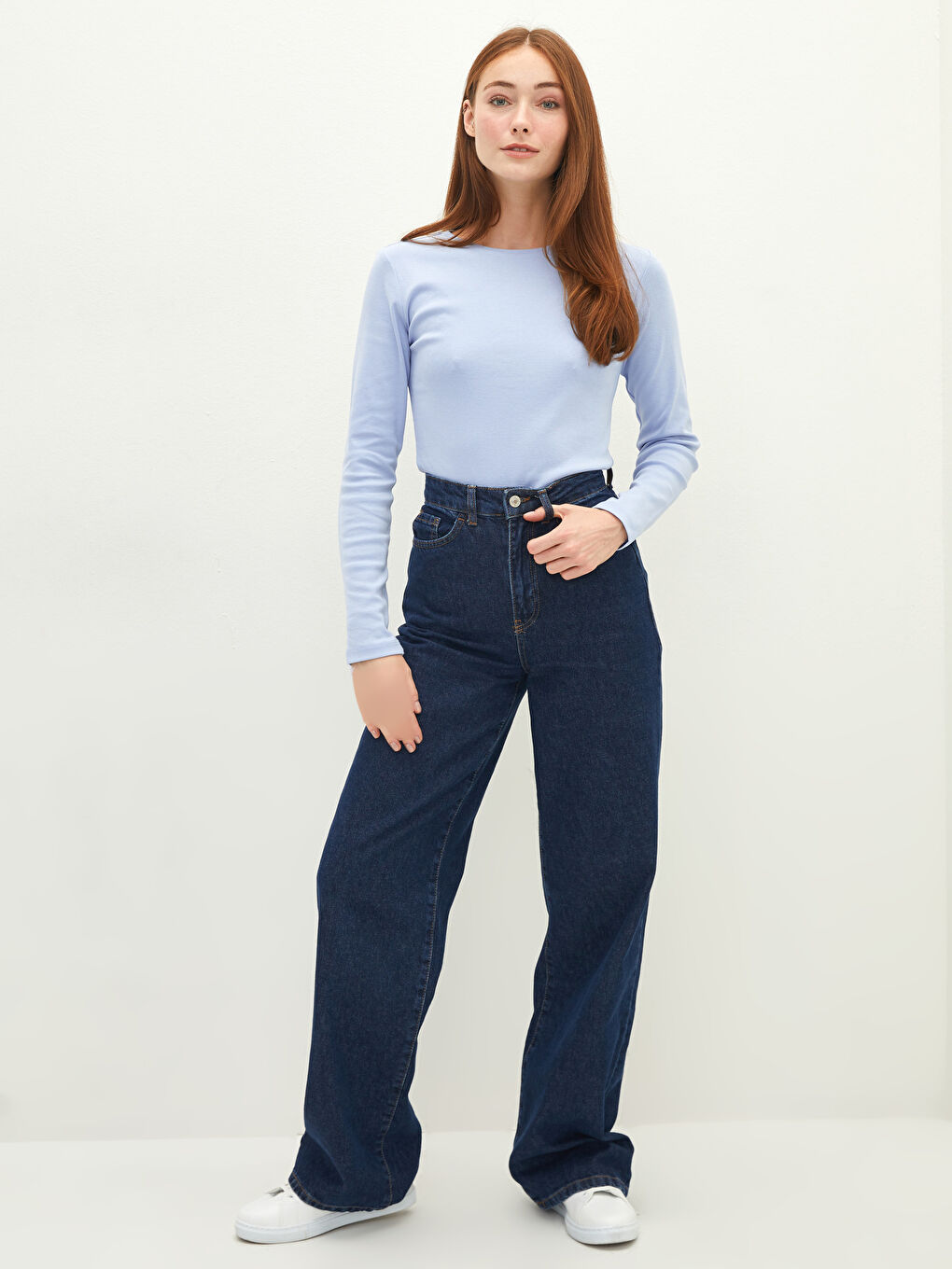 Mavi Bisiklet Yaka Düz Uzun Kollu Pamuklu Kadın Tişört-2