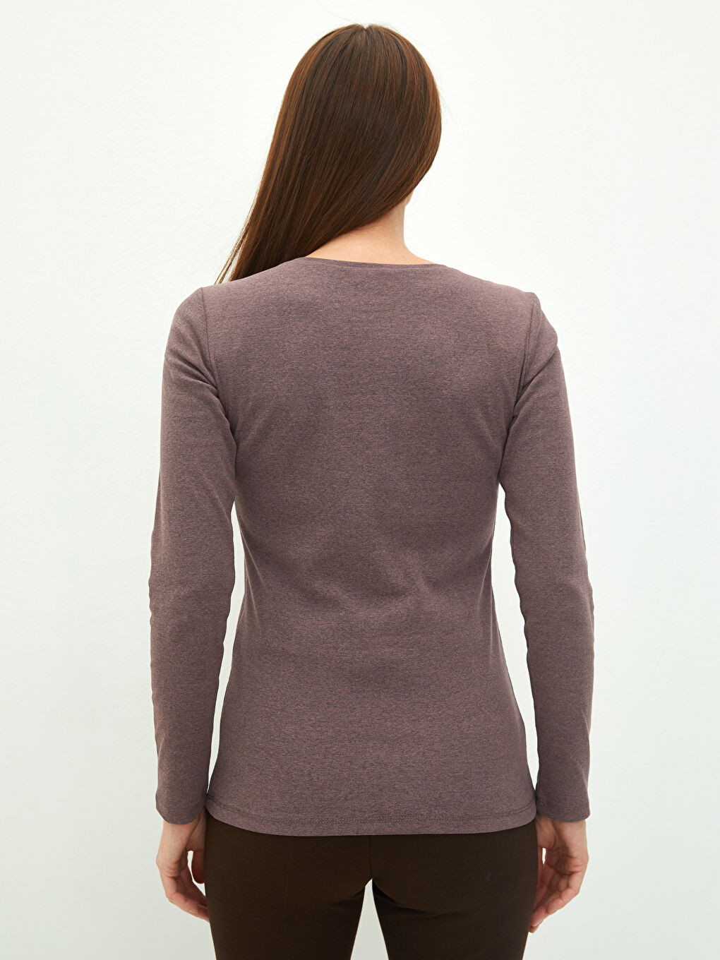 Pembe Bisiklet Yaka Düz Uzun Kollu Kadın Tişört-4