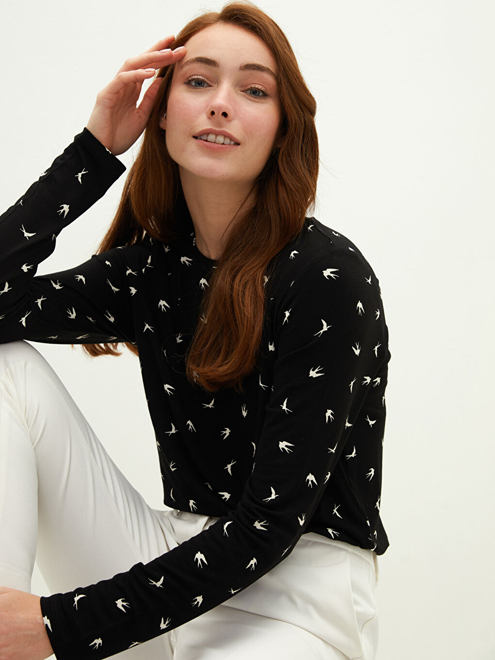 Crew Neck Patterned Long Sleeve Women's T-Shirt