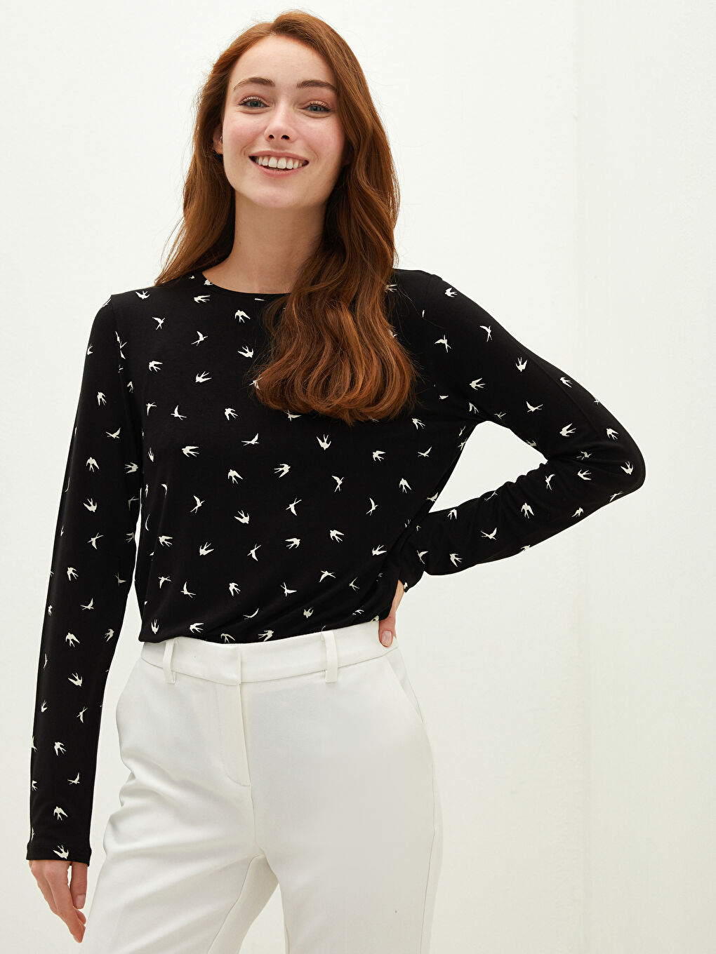 Crew Neck Patterned Long Sleeve Women's T-Shirt-1