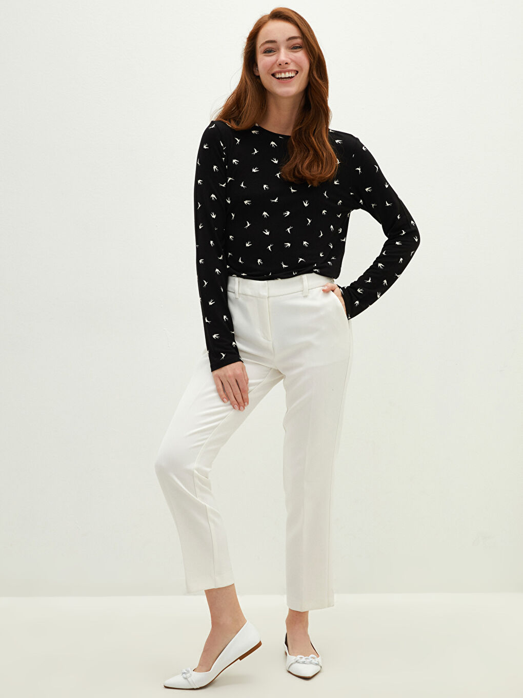 Crew Neck Patterned Long Sleeve Women's T-Shirt-2