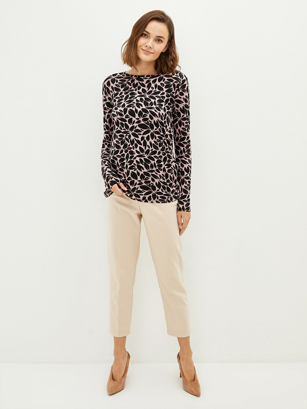 Pembe Bisiklet Yaka Desenli Uzun Kollu Kadın Tişört-1