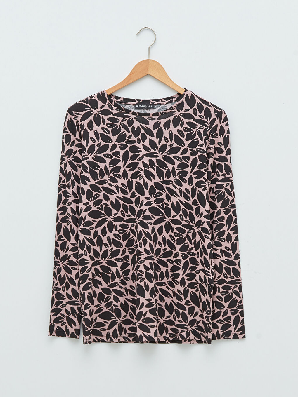 Pembe Bisiklet Yaka Desenli Uzun Kollu Kadın Tişört-4