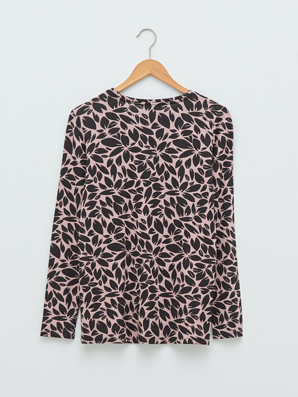 Pembe Bisiklet Yaka Desenli Uzun Kollu Kadın Tişört-5