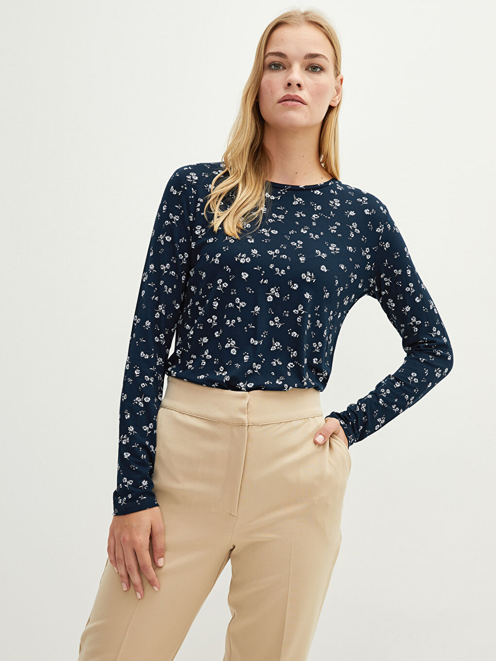 Crew Neck Patterned Long Sleeve Women's T-Shirt-1