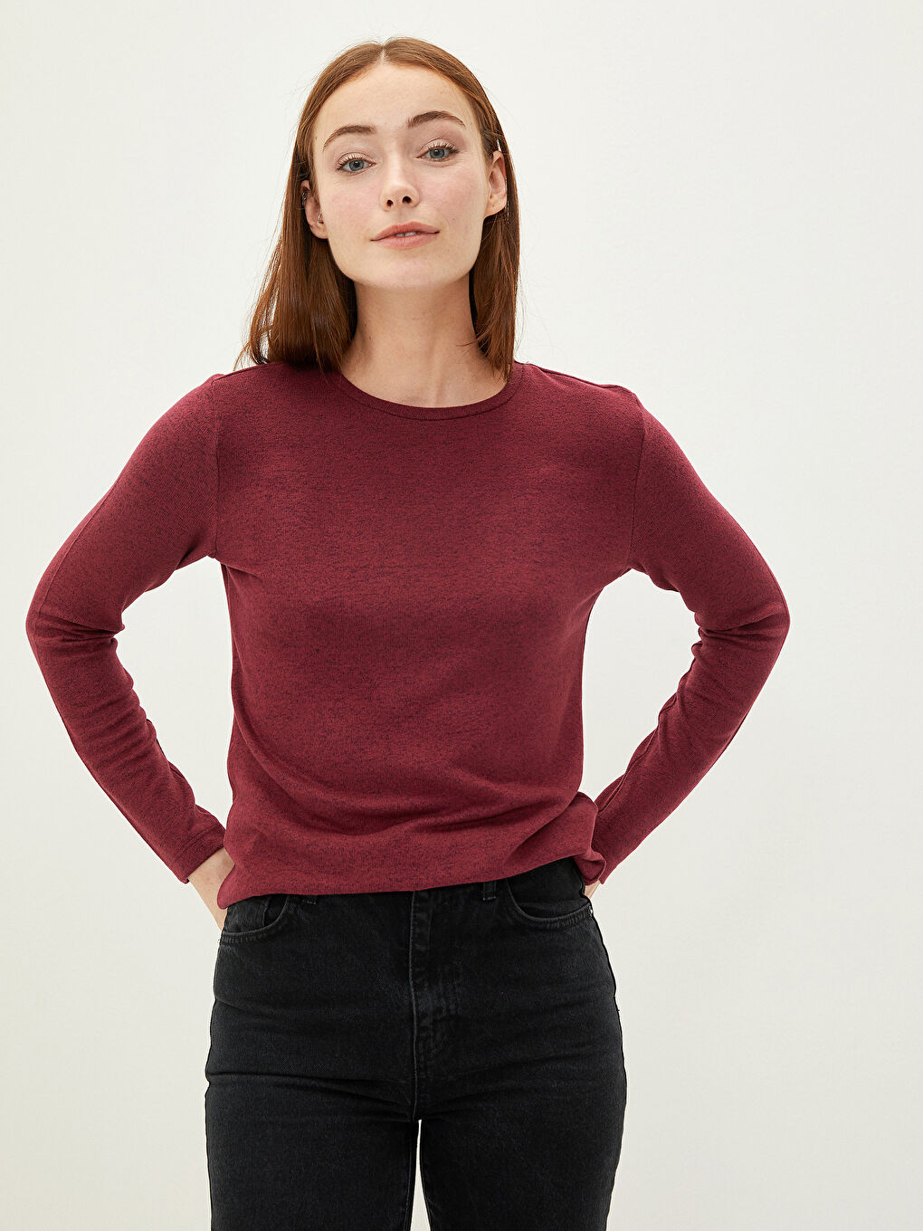 Bordo Bisiklet Yaka Düz Uzun Kollu Kadın Tişört